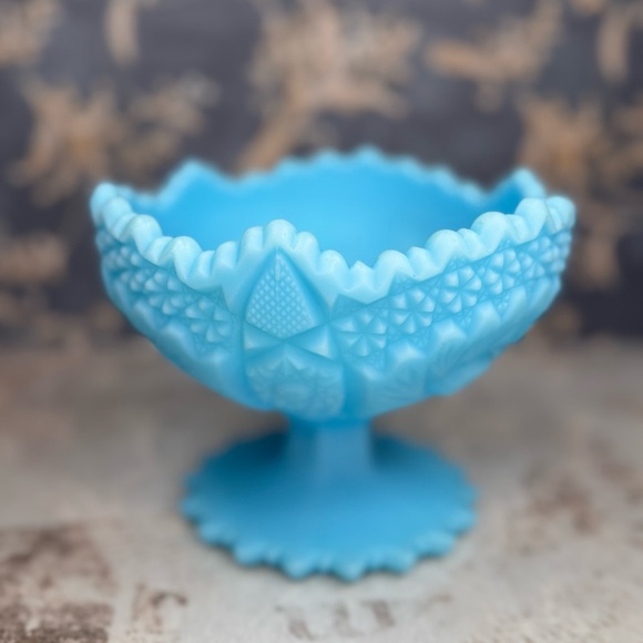 Vintage Fenton Blue Satin Glass Pedestal Compote Bowl Signed Estate - Picture 3 of 11